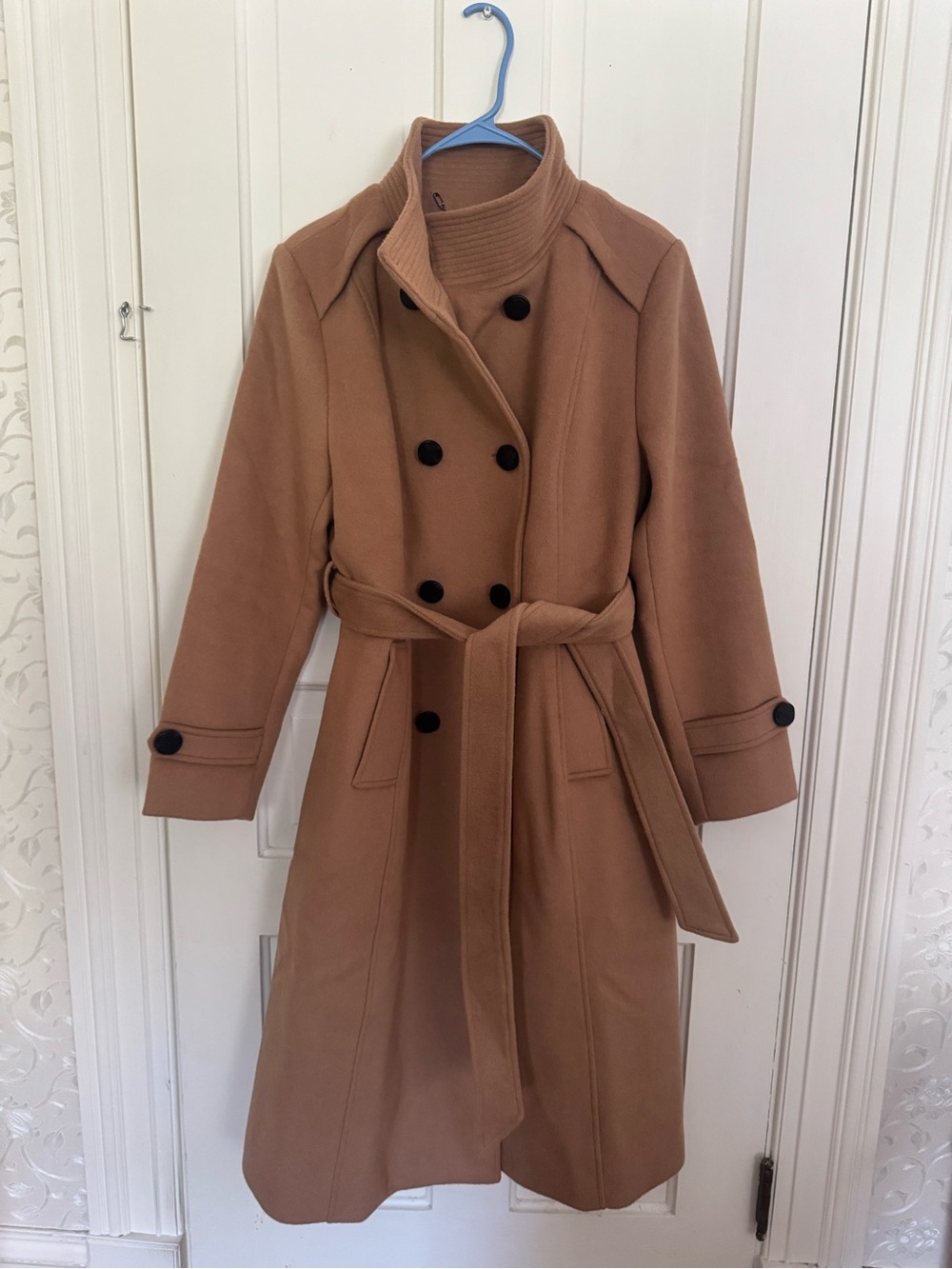 Escalier Womens Double-Breasted Belted Long Coat - Tan